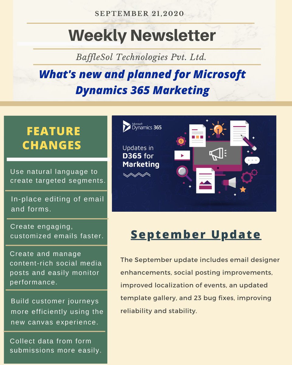 BaffleSol's tweet photo. What's new and planned for #Dynamics365 #Marketing
Click here to read all the features: https://t.co/SIgIxd16go
#Newsletter #D365 #microsoft #microsoftpartner #D365FinOps #technology #automation #businessautomation #erp #erpsolution #entrepreneurs #CTOs @BaffleSol @Microsoft https://t.co/7ylQwsUrYn