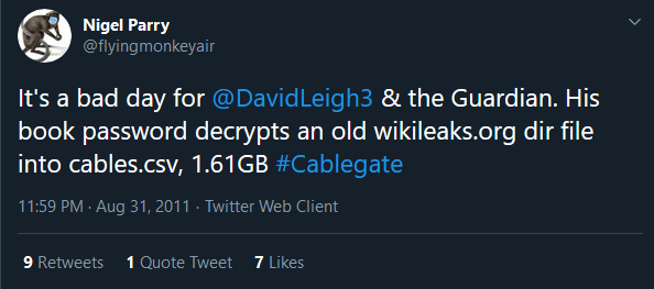 Discussion about tweets from Nigel Parry establishing the time and date of light bulb moment realizing the password in  @davidleighx's book decrypted the cables and their subsequent release.There was some confusion about the date and time zone differences.