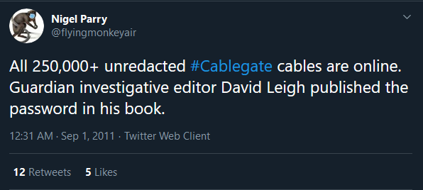 Discussion about tweets from Nigel Parry establishing the time and date of light bulb moment realizing the password in  @davidleighx's book decrypted the cables and their subsequent release.There was some confusion about the date and time zone differences.