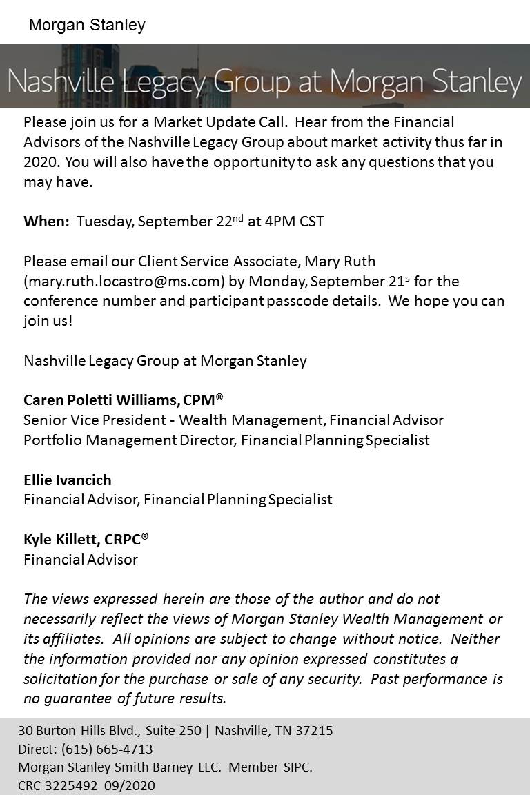 KKillettMS's tweet image. Join us for a Market Update Call tomorrow, September 22nd at 4PM CST.  Please email our Client Service Associate, Mary Ruth (mary.ruth.locastro@ms.com) for the conference number and participant passcode details.  We hope you can join us!  #ClientCall #MarketUpdate