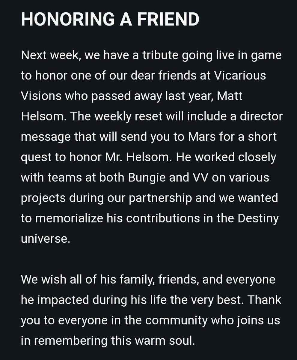Hive_Thrall's tweet image. This is tomorrow.

Do not expect any loot.

We are honoring a man who helped expand the Destiny universe.