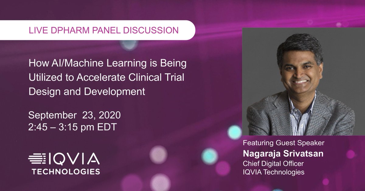 IQVIA_global's tweet photo. Join this live #DPharm2020 panel discussion featuring Nagaraja Srivatsan, Chief Digital Officer, #IQVIATech, for an active discussion on how #AI and #ML are being utilized to accelerate #clinicaltrial design and development: https://t.co/KQmy5MXZmz
#ClinTech https://t.co/PPc8IWZF8O