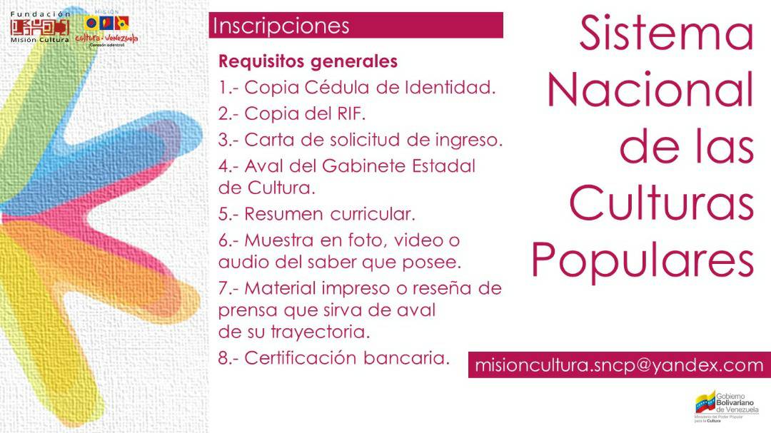 📌 ¿Eres cultor, creador o artista? ¡Esta oportunidad es para ti! . ¡Inscríbete ya en el Sistema Nacional de las Culturas Populares! . Ingresa a nuestros perfiles Facebook e Instagram @MisiónCulturaVE, junta los requisitos y envíalos a misioncultura.sncp@yandex.com