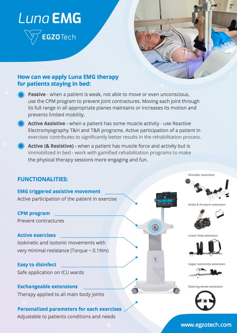 How can we apply Luna EMG therapy for patients staying in bed: 
a. use CPM program to prevent joint contractures.
b. use EMG programs for active participation 
c. when a patient has muscle force and activity but is immobilized in bed - work with gamified rehabilitation programs