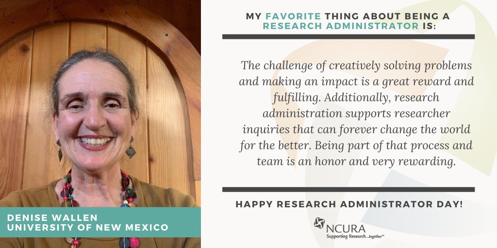 NCURA's tweet photo. We're looking forward to celebrating #ResearchAdministratorDay on Sept. 25th! Keep an eye on our social media pages this week to see the reasons why our members love research administration.  Starting us off, Denise Wallen from @UNM #ResAdmin https://t.co/HTNuslh5LS
