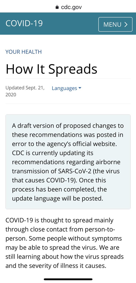 This appears to be correct. The CDC now claims the aerosol guidance and airborne confirmation was “draft” language posted “in error”:  https://twitter.com/juliettekayyem/status/1308073248798769152