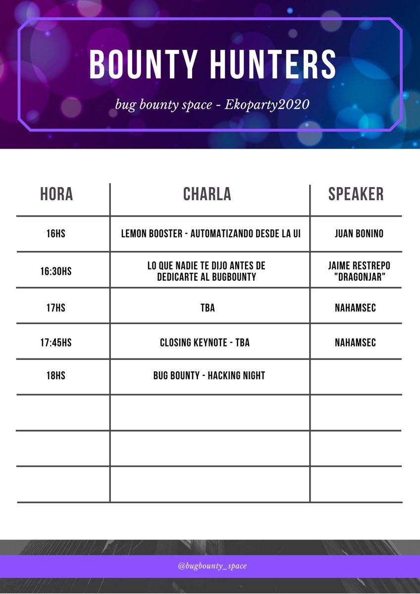 BugBountyArg's tweet image. Les compartimos la agenda con los horarios del espacio para la @ekoparty Todo el contenido será el día Viernes 25 en la sala &quot;Earth&quot;. #bugbounty #bugbountytips #pwndemic #eko2020
