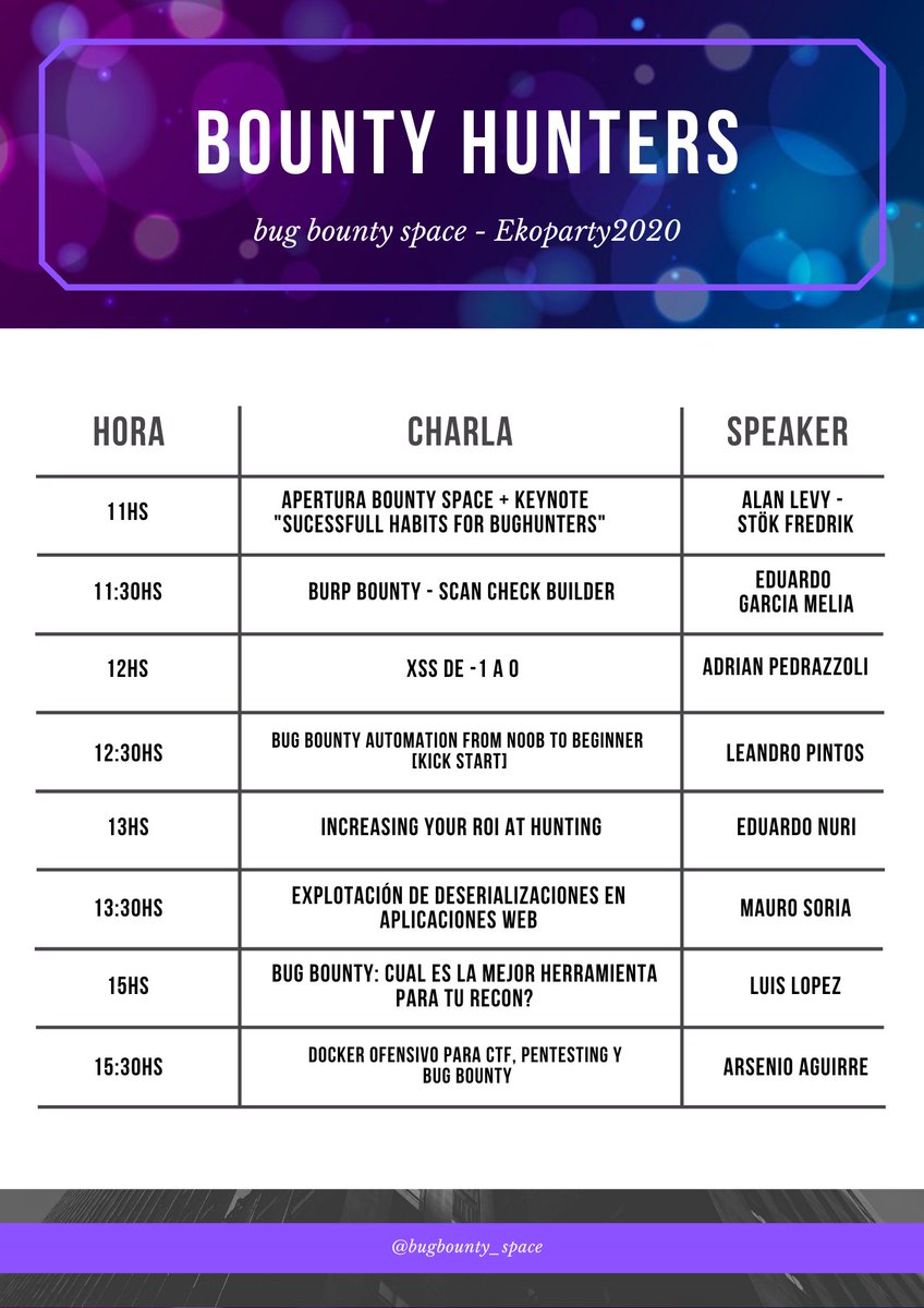 BugBountyArg's tweet image. Les compartimos la agenda con los horarios del espacio para la @ekoparty Todo el contenido será el día Viernes 25 en la sala &quot;Earth&quot;. #bugbounty #bugbountytips #pwndemic #eko2020