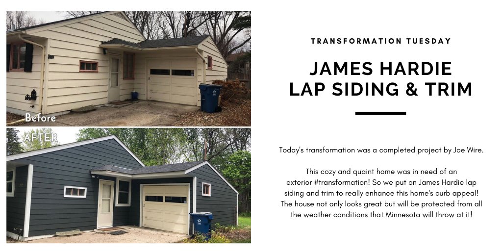#transformationtuesday 
This cozy and quaint home was in need of an exterior #transformation! @James_Hardie lap siding &amp; trim to really enhance this home's curb appeal! The house looks great &amp; will be protected from all the weather conditions that Minnesota will throw at it!