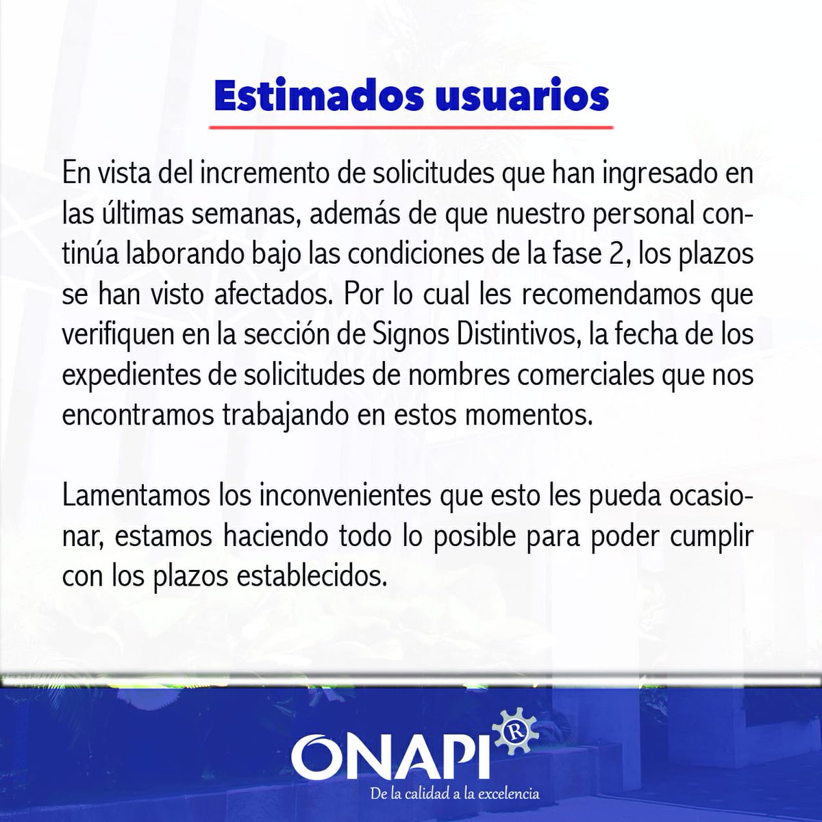 OnapiRD's tweet photo. ¡Aviso!
Puedes consultar🖱:
Fecha actual expedientes en proceso de examen ���️ https://t.co/IbuQBsSAVa
#ONAPIteInforma https://t.co/N2lOJtYxCC