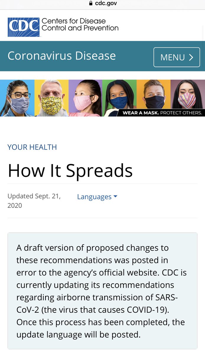 HOLY HELL—CDC has now taken down the “coronavirus is aerosol & airborne” guidance from yesterday!!!! It’s like gone!! Instead it puts up some ‘a draft version was put up in error’ bullshit language. Ummm, HHS censorship???  #COVID19