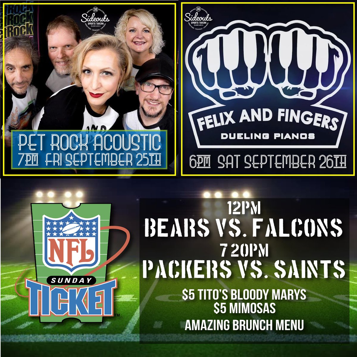 What a fun weekend we have lined up for you! @petRock Chicago on Friday, @Felix and Fingers Dueling Pianos on Saturday and then kill your hangover by watching great games all Sunday. We have Sunday Ticket so any game you want we got! #sideouts #sideoutssportstavern #islandlake