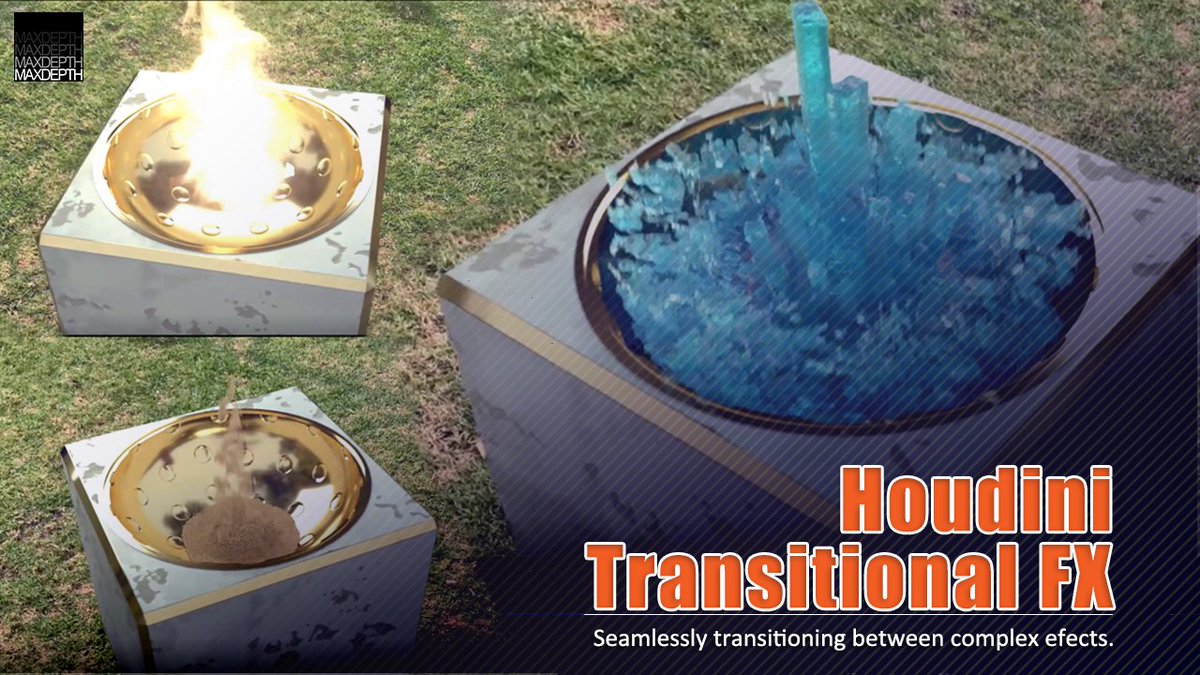 THEMAXDEPTH's tweet image. New Houdini training at MAXDEPTH.tv Learn how to seamlessly transition between complex effects like RBD, FLIP, Pyro, and Grains! head over to maxdepth.tv/shops 
Also sign up for our newsletter to get 10% off! newsletter@maxdepth.tv
