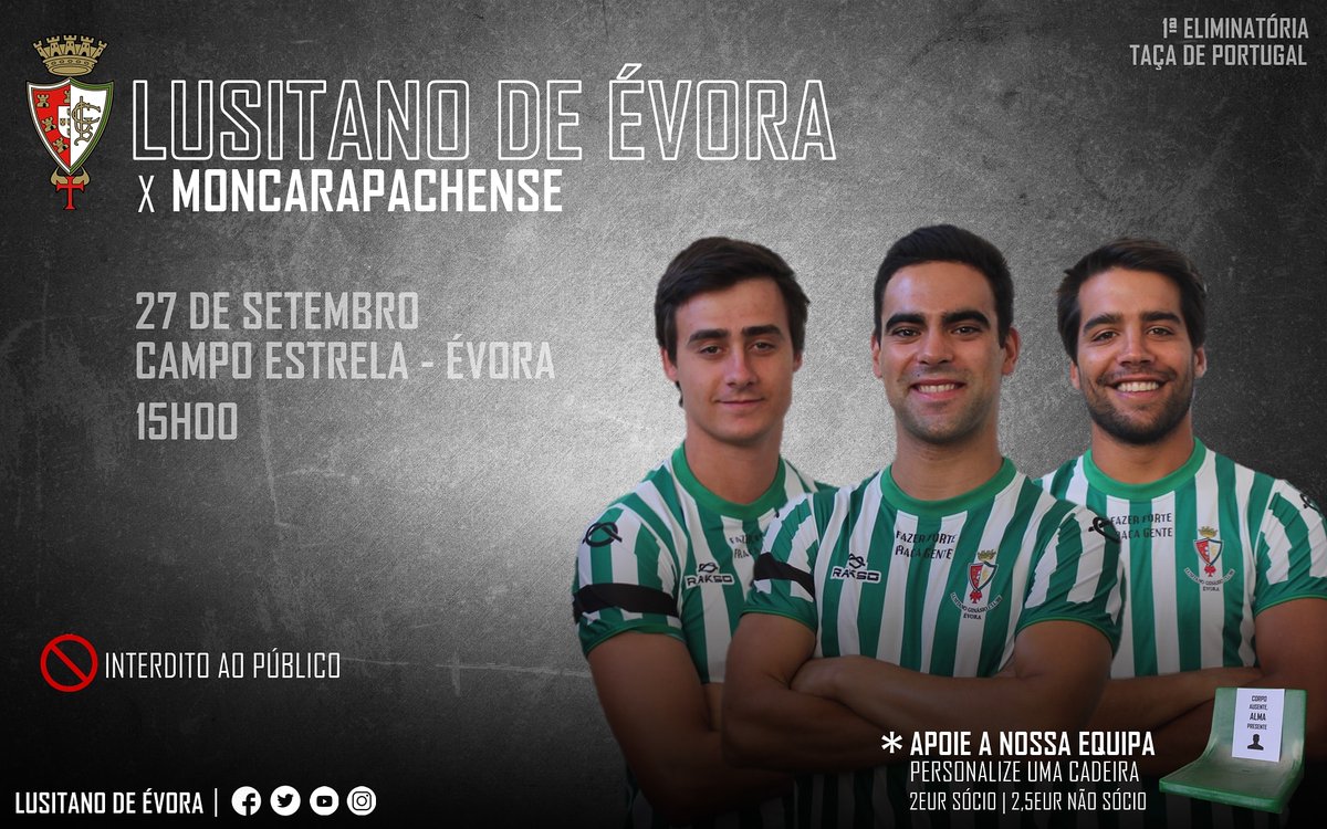 | Taça de Portugal |

Lusitano de Évora x Moncarapachense

📌 CORPO AUSENTE, ALMA PRESENTE
Personalize uma cadeira do estádio
2eur sócio - 2,5eur não sócio
--- mais informações na secretaria do clube ---

#renascimento #FazerForteFracaGente