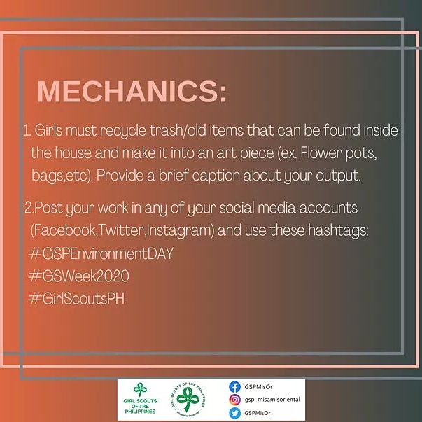 GSPMisOr's tweet photo. Environment Day:
REtroCYCLE CREATIVITY ☘️
Our first Councilwide Challenge for GS Week 2020 is now up! Let's all be green as we show our love to our environment as we recycle things. 
Tag us upon tweeting your outputs! We are excited to see it! Enjoy girls!
#GSWeek2020 
#GSPMisOr https://t.co/DTwPZgX5Sq