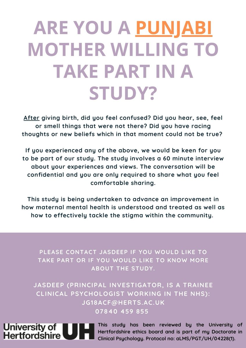 projectmaternal's tweet image. 📣 We are still recruiting! Are you a mother of Punjabi background willing to take part in a study or do you know somebody else who is? We would like to hear from Punjabi mothers that have had any of the experiences listed in the advert. #PunjabiMaternalMentalHealth 👇🏽