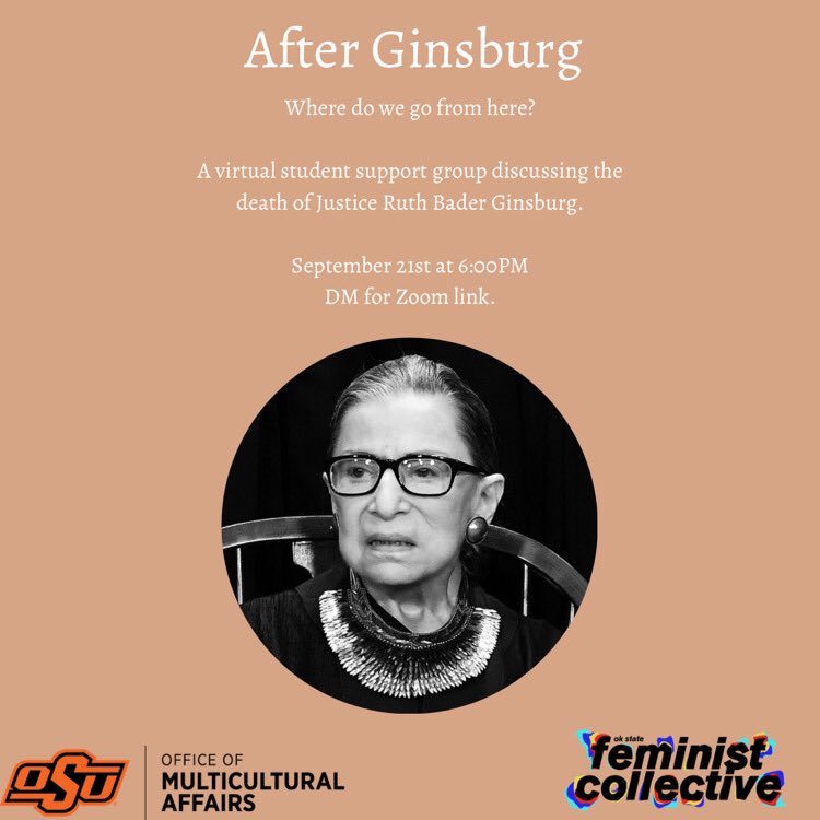 Tonight at 6 pm, Fem Co will have a support group discussing the death of Justice Ruth Bader Ginsburg and what the future holds.
Please DM for Zoom link if you’re not in the GroupMe. Thanks and have a good day!