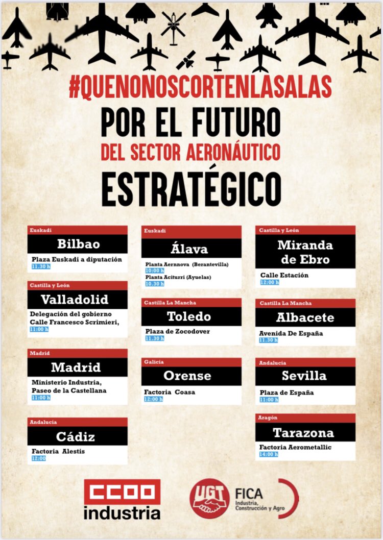 De Bilbao a Sevilla la huelga sectorial aeronáutica para el sector en todo el país, para que #NoNosCortenLasAlas  <a href="/eldiarioes/">elDiario.es</a> <a href="/elpais_espana/">EL PAÍS España</a> <a href="/elconfidencial/">El Confidencial</a> <a href="/LaVanguardia/">La Vanguardia</a> <a href="/publico_es/">Público</a> <a href="/_infoLibre/">infoLibre</a>