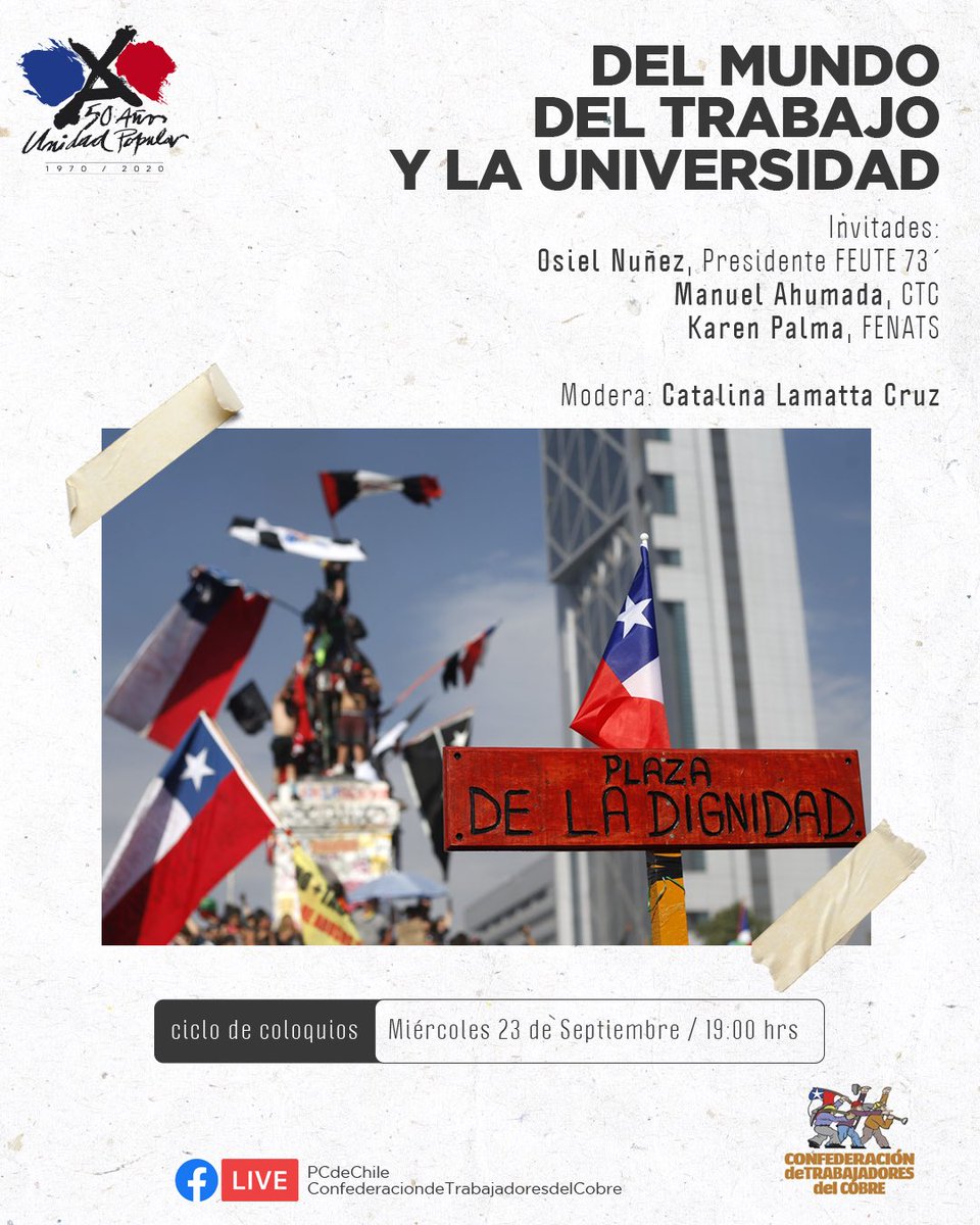 Conversatorio a 50 años de la Unidad Popular

🚩Del mundo del Trabajo y la Universidad

✔️Osiel Núñez, Pdte FEUTE en 1973
✔️<a href="/AhumadaCTC/">Manuel Ahumada Letelier</a>, Pdte <a href="/ConfeCobre/">Confederación de Trabajadores del Cobre #CTC</a>
✔️<a href="/karenpalma_/">Karen Palma Tapia</a>, Dir <a href="/FENATSNACIONAL/">FENATS NACIONAL</a>

Modera <a href="/cata_lamatta/">Catalina Lamatta</a>

Síguelo también x nuestro FB en bit.ly/3iRUcWq

#50añosUP