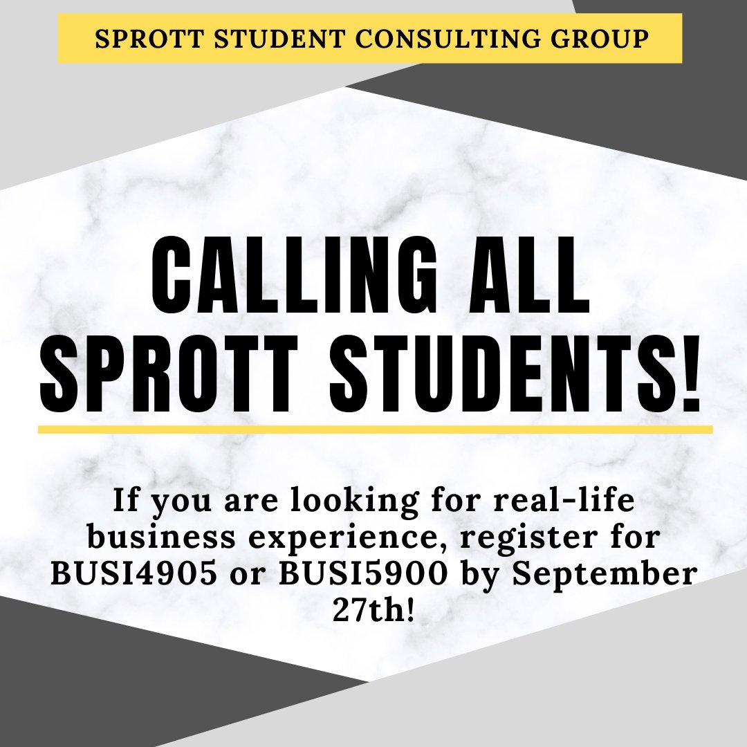 sprottsmsa's tweet photo. Calling all Sprott Undergrads and MBA students! The Sprott Student Consulting Group have many exciting projects this year which will give you real-like experience.
Visit: https://t.co/sxviZBFgWO https://t.co/viZ8iiYq2b