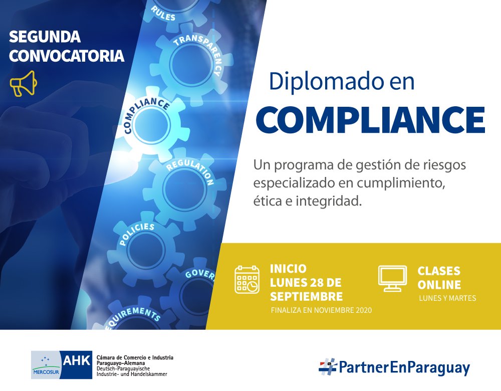 Diplomado en Compliance
Prolongamos la fecha de convocatoria hasta el lunes 28 de septiembre

Para más información contactar con Carolina Delgado -cdelgado@paraguay.ahk.de | WhatsApp: (0981) 625-075

#PartnerEnParaguay #PartnerEnCapacitacion