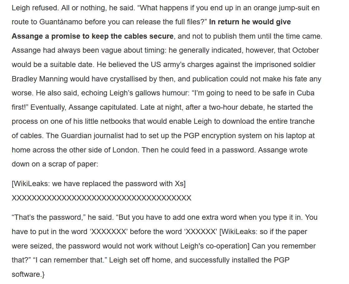 Defense wants to refute the prosecution's narrative that  @wikileaks' editorial allegedly gave away the password (which was replaced by a string of X's) or allegedly got the story to blow up, since the editorial mentioned disclosed neither the password nor the filename.  #Assange