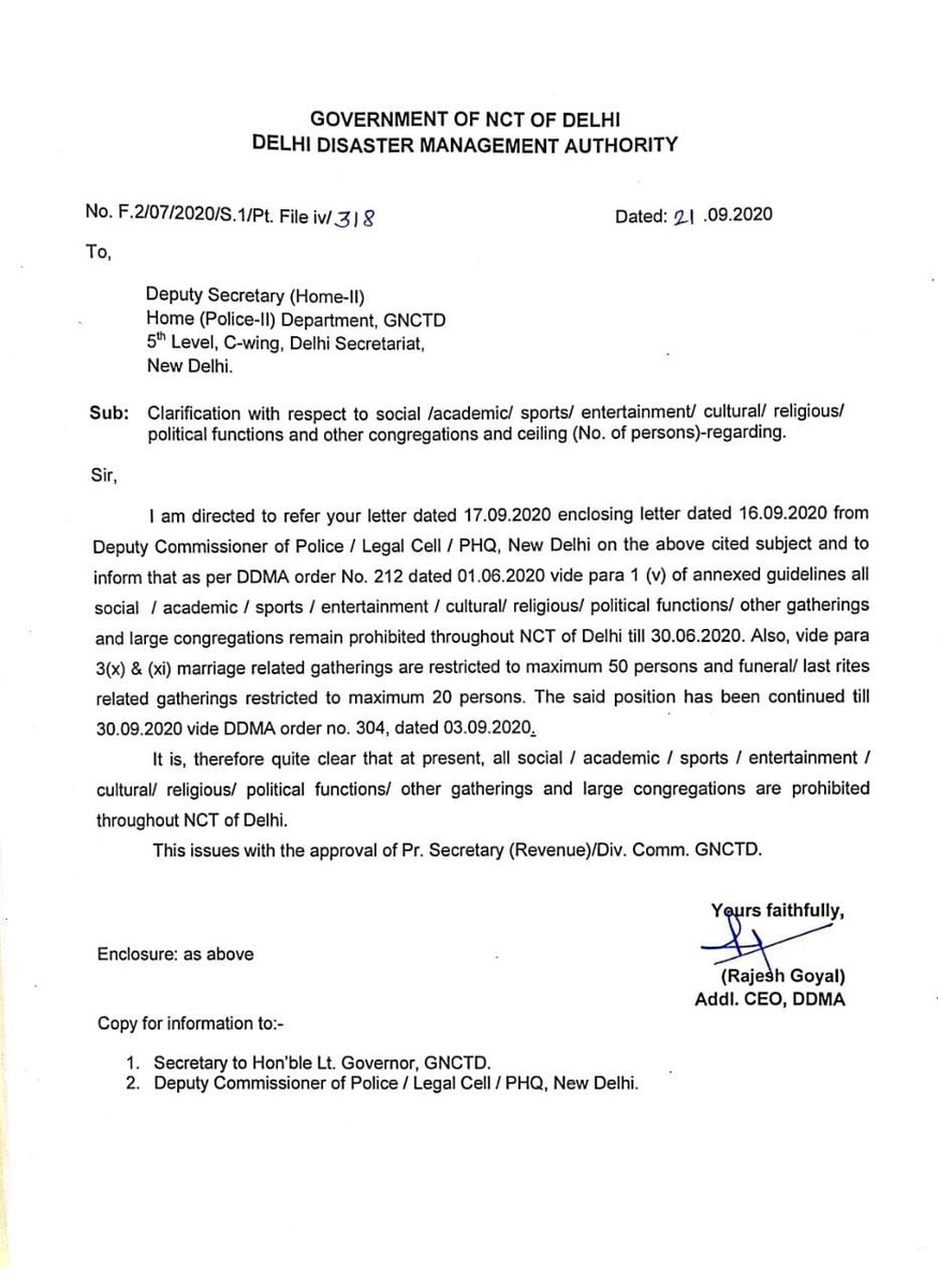 DelhiPolice's tweet photo. DDMA's clarification with respect to social/ academic/sports/ entertainment/cultural/ religious/political functions and other congregations and ceiling (number of persons) in the GNCT Delhi
@CPDelhi @LtGovDelhi @PMOIndia @HMOIndia #unlock4guidelines https://t.co/t5G7DHEwi9