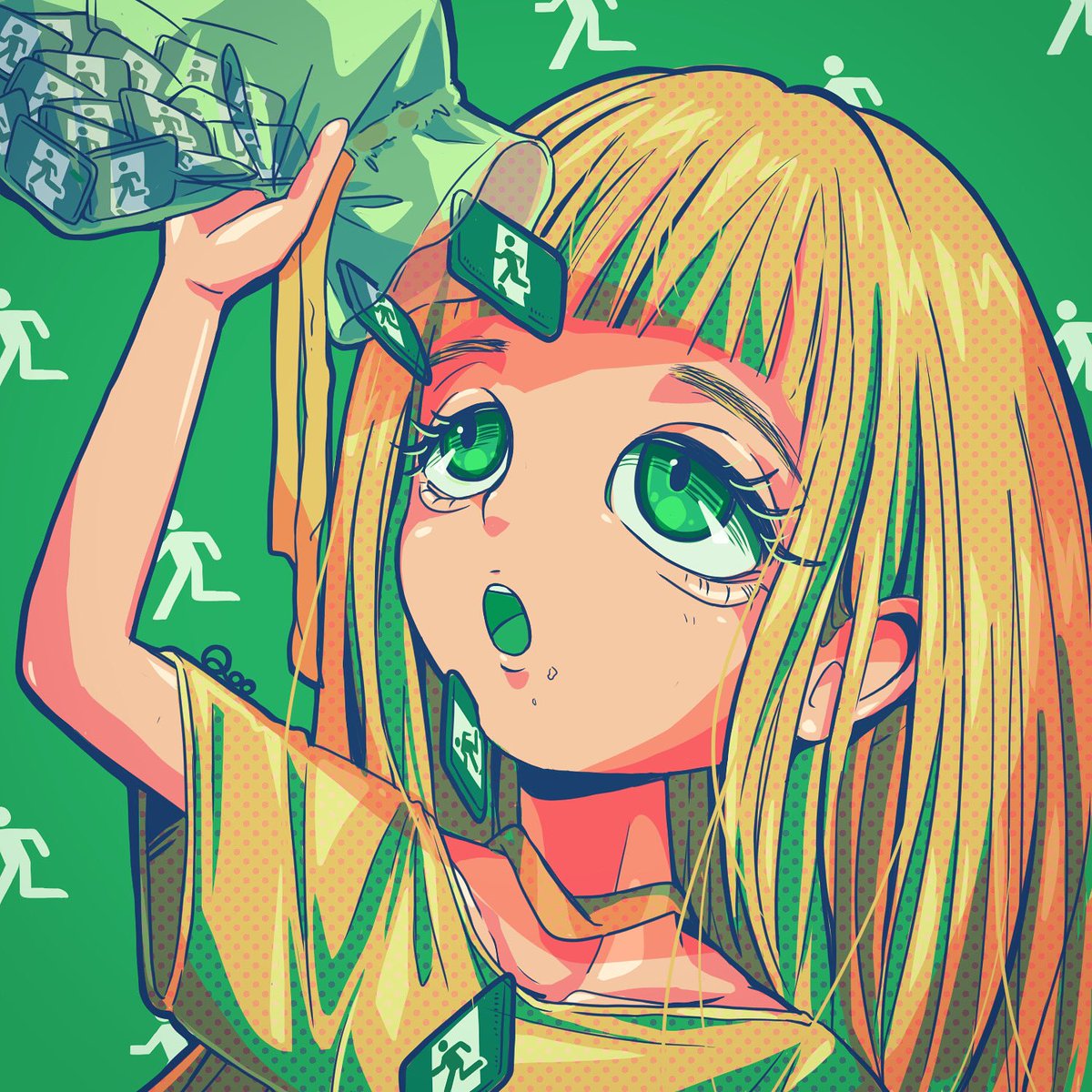 1girl solo green eyes long hair bangs blonde hair shirt  illustration images