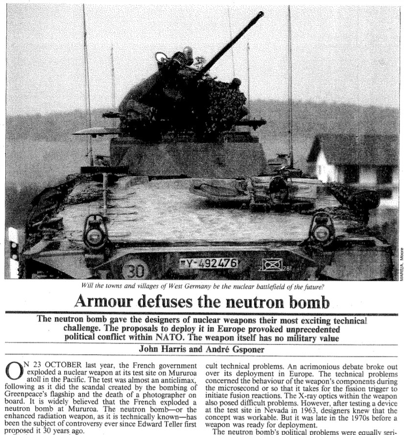 The "enhanced radiation weapon" (official DOD name for the "neutron bomb") successfully tested in 1963 but Kennedy & Johnson admins resisted developing any "cleaner" nuke for fear they would be "considered more usable if war broke out" & lead to WWIII13/ http://isri.ch/wiki/_media/publications:isri-86-02.pdf