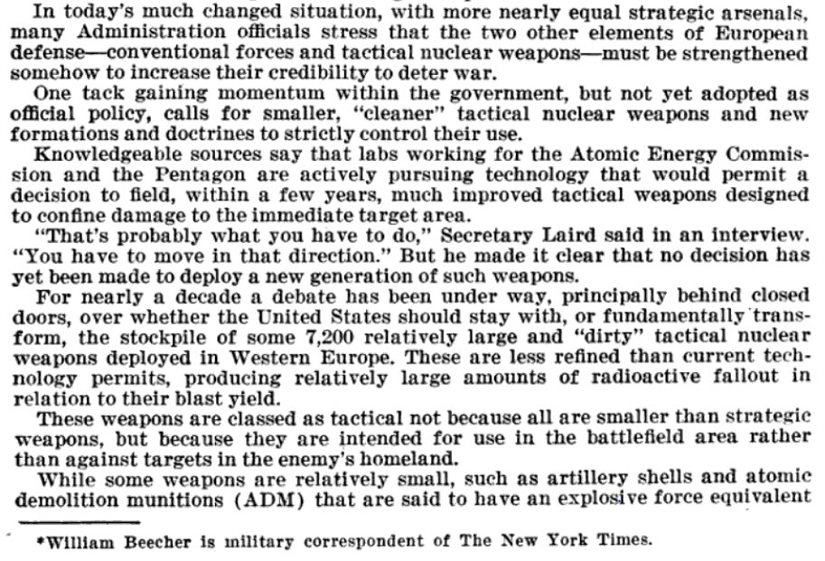 But with reduced strategic deterrence due to SALT, reduced conventional forces in Europe & W German refusal to permit "dirty" large tactical nukes on their soil, the Nixon admin began to favor idea of "cleaner" smaller nukes14/ https://books.google.com/books?id=ajswhJDQ7FgC&pg=RA1-PA237&lpg=RA1-PA237&dq=%22%E2%80%9CClean%E2%80%9D+tactical+nuclear+weapons+for+Europe%22&source=bl&ots=zk9z2Ol3Hc&sig=ACfU3U0AvczPeENZoRNo3HKwoS1q7kpKgA&hl=en&sa=X&ved=2ahUKEwj4nqeAifjrAhXYvZ4KHWbaBXsQ6AEwAnoECAEQAQ#v=onepage&q=%22%E2%80%9CClean%E2%80%9D%20tactical%20nuclear%20weapons%20for%20Europe%22&f=false