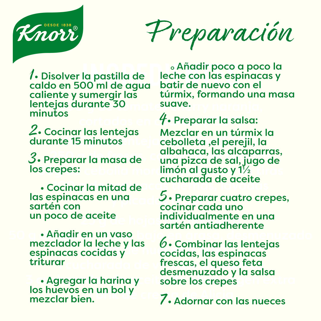 CREPE DE ESPINACAS CON QUESO FETA, LENTEJAS Y SALSA VERDE. Descubre una nueva manera de disfrutar de los tradicionales crepes. Ahora a base de espinacas 🥬 y otros ingredientes saludables como lentejas, nueces o queso. Descubre la receta paso a paso.

#pasiónporlasverduras