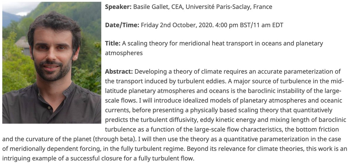 Journal of Fluid Mechanics (@jfluidmech) on Twitter photo Starting October 2nd, the online Fluid Mechanics Webinar Series with <a href="/FluidsLeeds/">Leeds Institute for Fluid Dynamics (LIFD)</a> is back!! Check out the current (and still being updated) list of upcoming speakers here: cambridge.org/core/journals/….
Basile Gallet <a href="/CEAParisSaclay/">CEA Paris-Saclay</a> kicks us off with a discussion of heat transport... Starting October 2nd, the online Fluid Mechanics Webinar Series with <a href="/FluidsLeeds/">Leeds Institute for Fluid Dynamics (LIFD)</a> is back!! Check out the current (and still being updated) list of upcoming speakers here: cambridge.org/core/journals/….
Basile Gallet <a href="/CEAParisSaclay/">CEA Paris-Saclay</a> kicks us off with a discussion of heat transport...