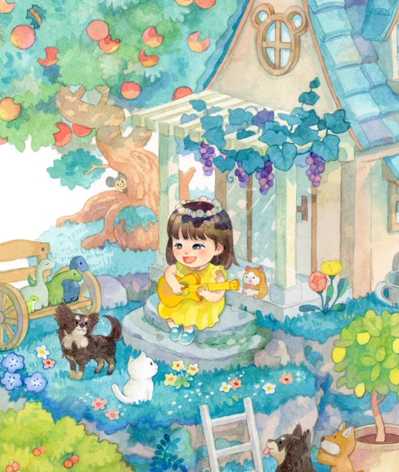【お仕事紹介】 ご自宅に飾られる絵のご依頼です。 大好きな果物がたくさんなるお庭で、 一緒に暮らすワンさんたち、お気に入りのぬいぐるみたちと一緒に演奏会をしています。楽しい絵を描かせて頂きました。 #うちのこイラスト