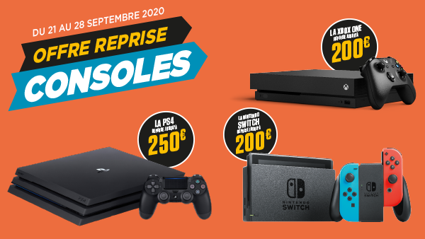 Profitez d'une offre de reprise bonus sur vos consoles :
✅ Jusqu'à 250€ pour les PlayStation 4
✅ Jusqu'à 200€ pour les Nintendo Switch
✅ Jusqu'à 200€ pour les Xbox One

Offre valable jusqu'au 28/09, bon à valoir jusqu'au 28/02/202 !

+ d'info 👉 micro.mn/3kxGDvZ