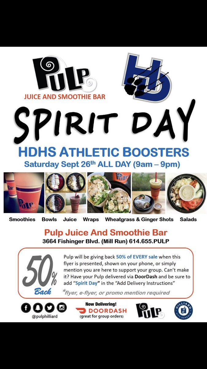 Wildcat Nation: Take a look below. Hilliard Davidson Athletic Boosters are having a Spirit Day on Saturday, Sept. 26th at Pulp!