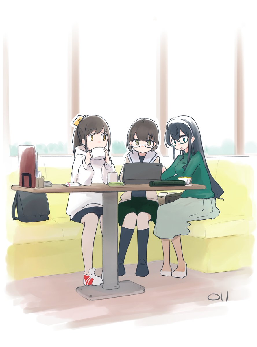 ooyodo (kancolle) 3girls multiple girls black hair glasses long hair sitting socks  illustration images