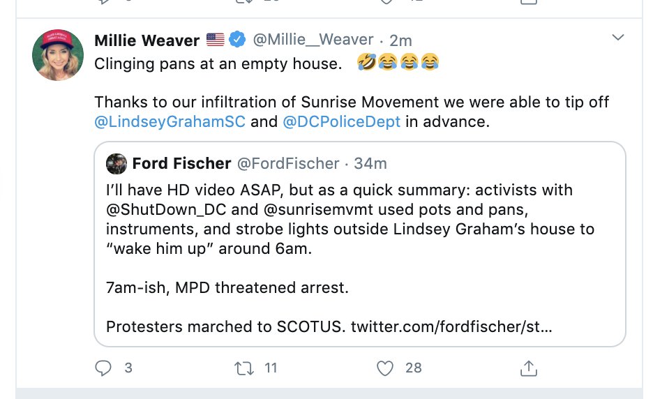 To briefly address something happenin on Twitter: Infowars reporter  @Millie__Weaver is claiming to have had an infiltrator inside  @sunrisemvmt who tipped off police and the senator.The protest was publicly announced, with precise instructions posted online last night.