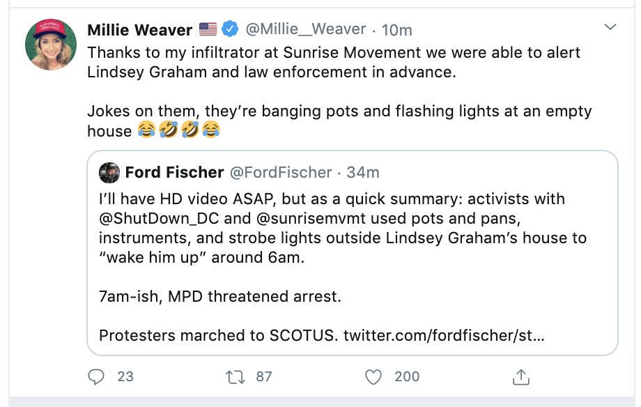 To briefly address something happenin on Twitter: Infowars reporter  @Millie__Weaver is claiming to have had an infiltrator inside  @sunrisemvmt who tipped off police and the senator.The protest was publicly announced, with precise instructions posted online last night.