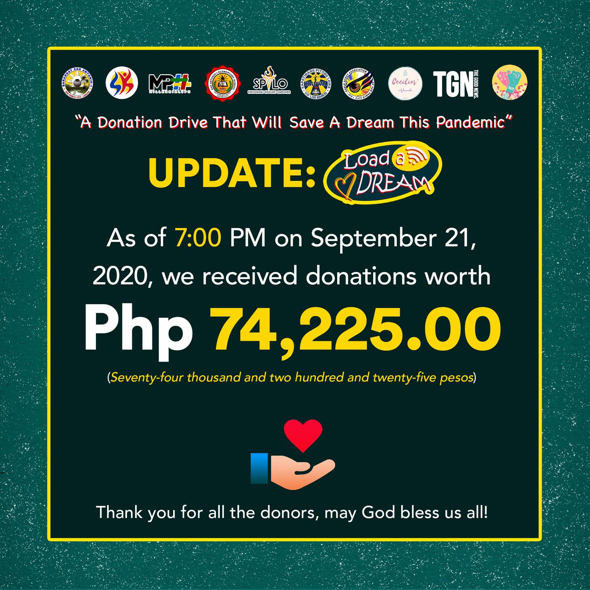LoadADream1's tweet photo. MARAMING SALAMAT PO!🤗

Nawa po ay patuloy ninyo kaming suportahan upang tuluyang maisakatuparan ang inisyatibong ito at nang sa gayon ay marami pa tayong matulungang mag-aaral na maabot ang kanila pangarap. Sa ngayon po ay nakalikom na po tayo ng Php 74,225.00 https://t.co/ndQ59PnRtM