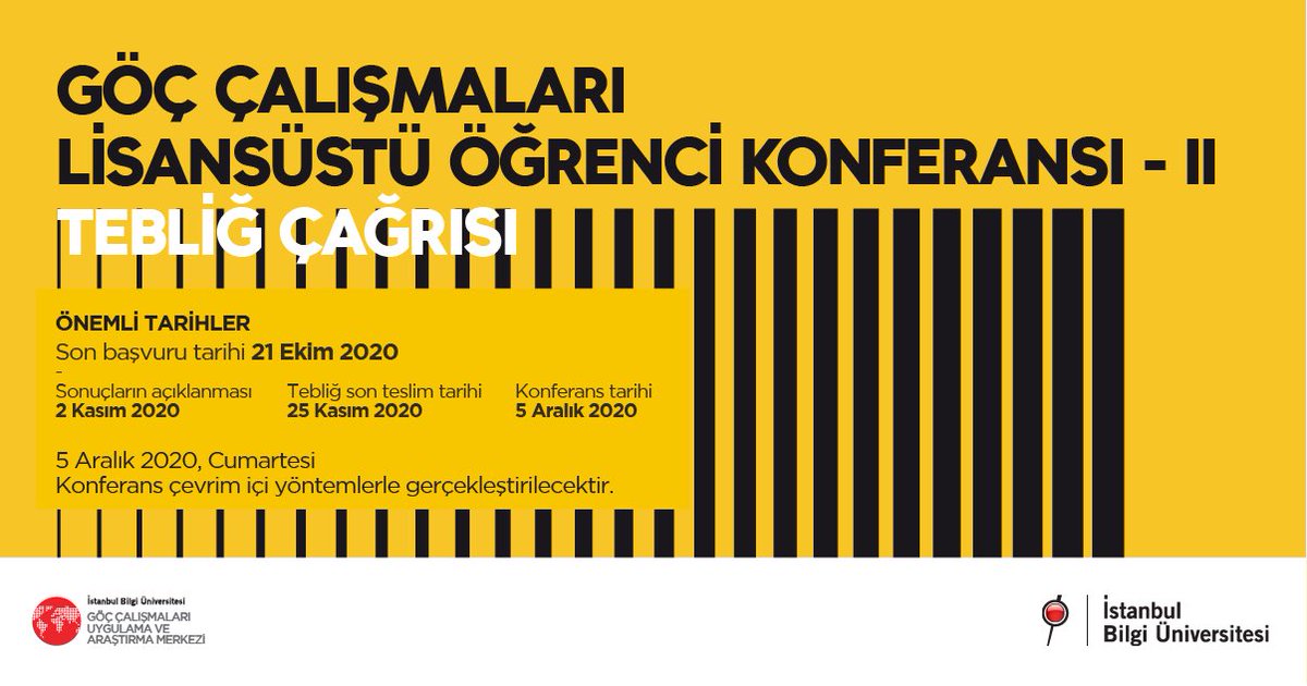 II. Göç Çalışmaları Lisansüstü Öğrenci Konferansı 5 Aralık 2020 tarihinde gerçekleşecek. Başvurularınızı bekliyoruz! 
Konferans hakkında detaylı bilgi almak için web sitemizi ziyaret edebilirsiniz: goc.bilgi.edu.tr/tr/haberler-ve…