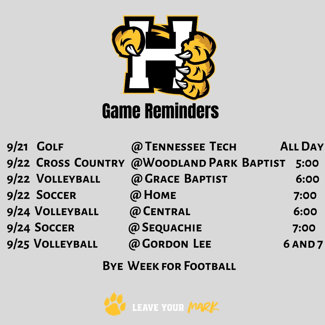 Check out this weeks game schedule and come support our wildcats!! ⚫️🟡🐯 #leaveyourmark #gocats #wildcatfamily <a href="/GolfHixson/">hixson golf</a> <a href="/hixsonhighxc/">Hixson High School XC</a> <a href="/hxhsvolleyball/">Hixson High School Volleyball</a> <a href="/hxhsfootball/">Hixson High Football</a> <a href="/hixsonsoccer/">Hixson High Soccer</a> <a href="/Hixson_HS/">Hixson High School</a>