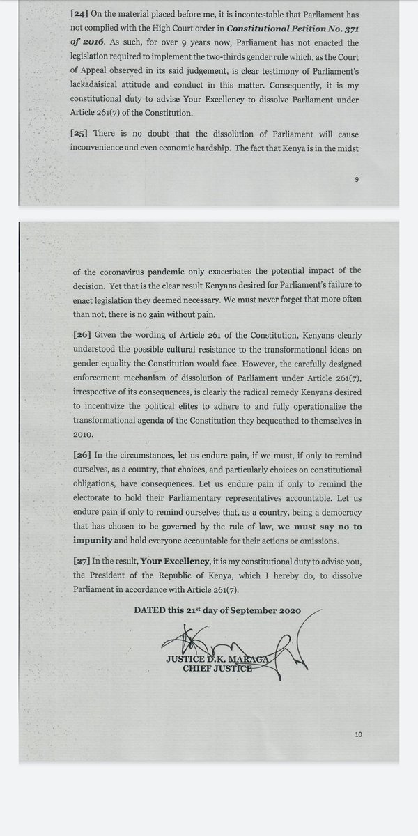 sarahkimani's tweet image. "Dissolve Parliament for it's failure to comply with the 2/3 Gender Rule," Kenya's Chief Justice David Maraga writes to President Kenyatta #SABCNews
