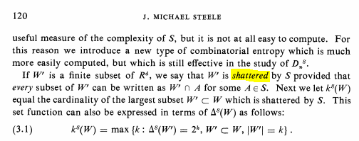 Interesting tidbit I learned: When the original Vapnik-Chervonenkis paper came out in 1971, they did not coin the term "shattered set" (or an analogue in Russian). The use of "shattering" didn't come about until <a href="/Wharton/">The Wharton School</a>'s J. Michael Steele first published the term in 1978.