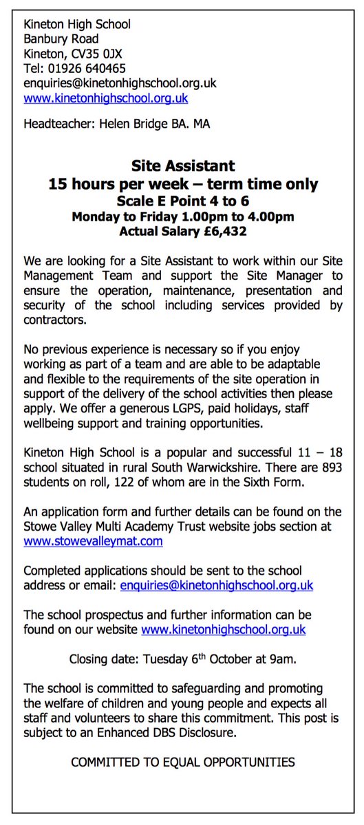 Vacancy Kineton High School

Site Assistant
15 hours per week – term time only 

stowevalleymat.com/vacancies