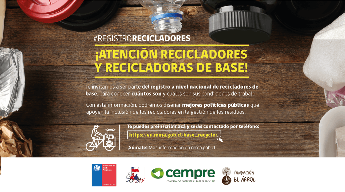 #RegistroRecicladores  ¿Conoces algún reciclador o recicladora de base? Cuéntale que el <a href="/MMAChile/">Ministerio del Medio Ambiente</a> está realizando el Registro Nacional de Recicladores a Nivel Nacional.

Los recicladores se pueden preinscribir en vu.mma.gob.cl/base_recycler y serán contactado por 📞

¡Comparte!