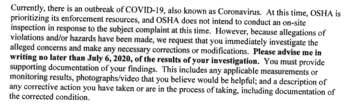 12/ In a letter in early July,  @OSHA_DOL told the company that regulators wouldn’t investigate Steadman’s complaint. Instead it deferred to the company to investigate itself. CSL responded - all good, nothing to see here.