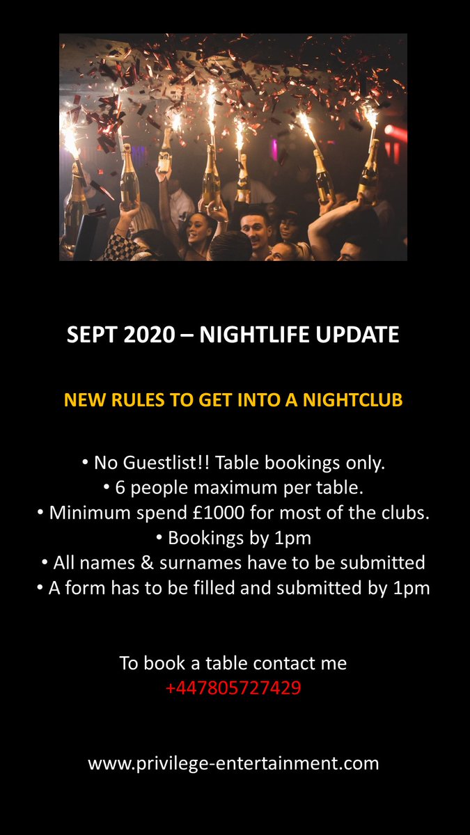 PrivilegeProm's tweet image. #London #nightlife Sept 202 #update - new rules to get into a #nightclub. 
privilege-entertainment.com/nightclubs-pos…
#CirqueLeSoir #TapeLondon #LibertineLDN #CuckooClub #DuoLondon