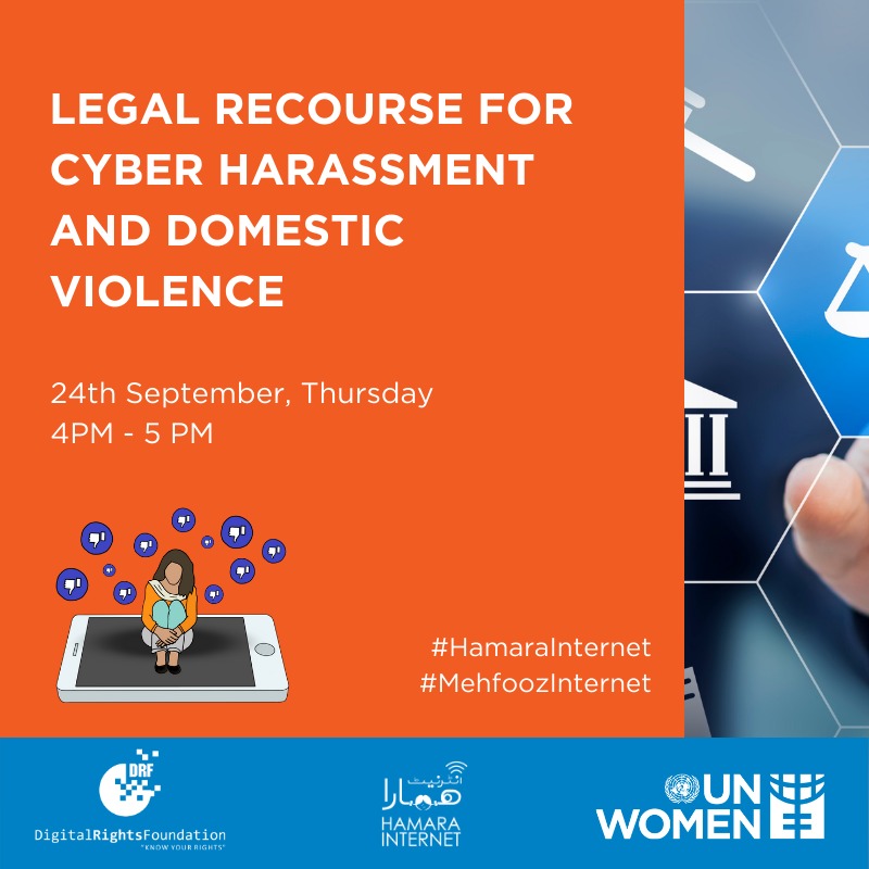 DigitalRightsPK's tweet photo. The second webinar in our series is coming up!
Join us as we talk about the legal side of things, as well as the remedies available for survivors.
We'll be going live on our Facebook page on the 24th of September from 4 PM-5 PM.
#MehfoozInternet #HamaraInternet
@unwomen_pak https://t.co/vB7yoRIUqe