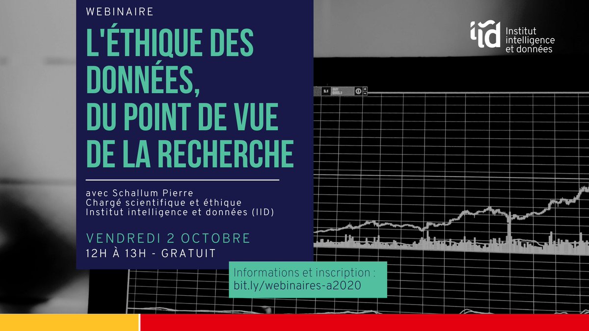 Le 2 octobre à midi, l'IID vous convie à son webinaire «L'éthique des données, du point de vue de la recherche». Une occasion de discuter des objectifs de l'éthique ou de la place des régulations dans la recherche en #IA et en science des données. Infos > ow.ly/TxoV50AXqbE