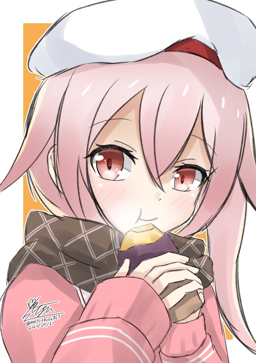 harusame (kancolle) 1girl pink hair solo hat scarf sweet potato food  illustration images